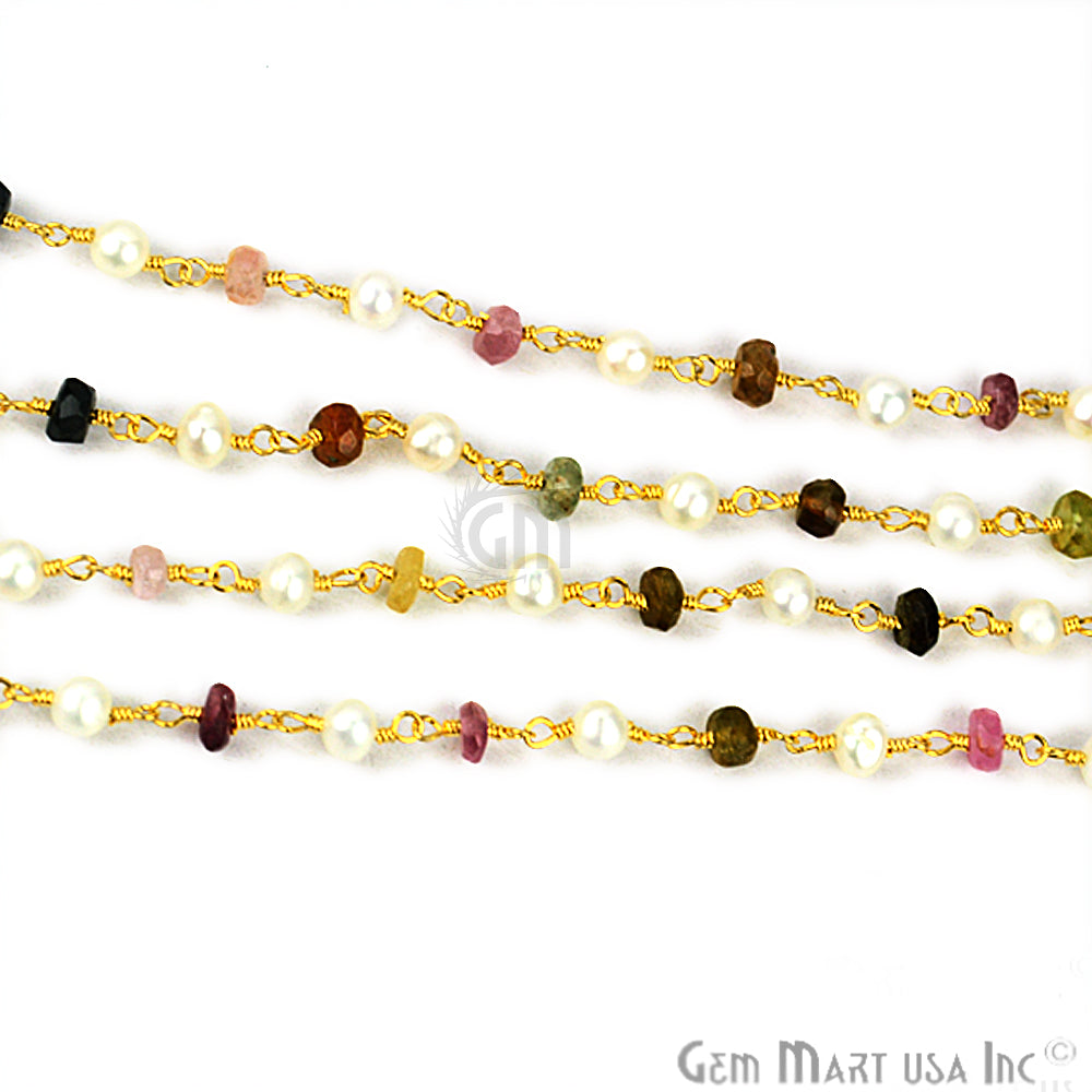 Multi Tourmaline With Freshwater Pearl Gemstone Beaded Wire Wrapped Rosary Chain - GemMartUSA