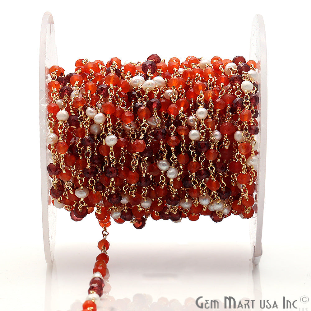 Carnelian, Garnet & Freshwater Pearl Multi Gemstone Beaded Wire Wrapped Rosary Chain - GemMartUSA