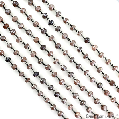 Peach Moonstone Faceted Beads 6-7mm Oxidized Wire Wrapped Beaded Rosary Chain