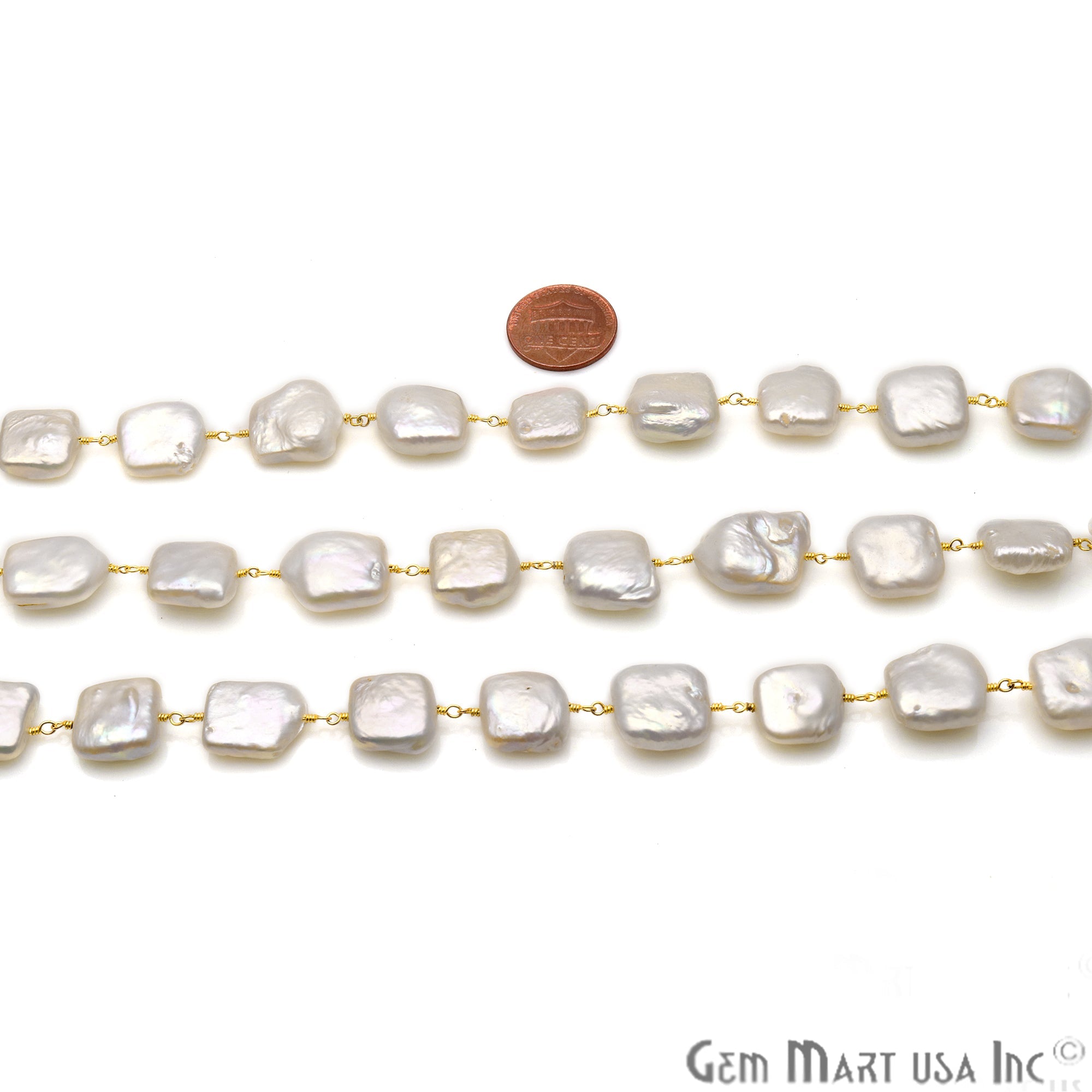 Natural Freshwater Pearl Free Form 12-15mm Gold Plated Wire Wrapped Rosary Chain - GemMartUSA