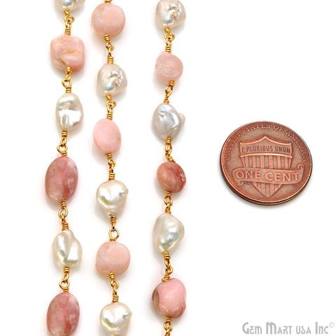 Pink Opal Tumble Beads 8x5mm & Freshwater Pearl 5-6mm Beads Gold Plated Rosary Chain