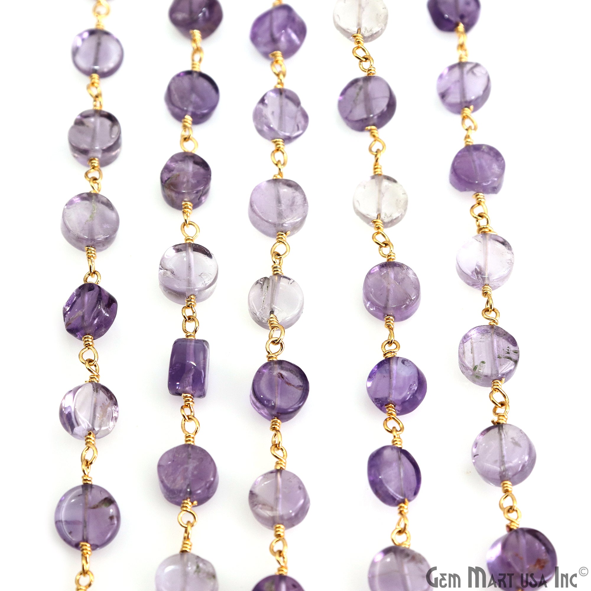 Amethyst Faceted Coin 6-7mm Gold Wire Wrapped Rosary Chain