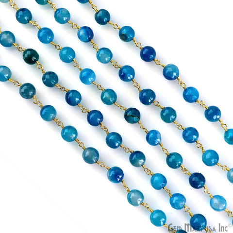Blue Agate Jade Beads 8mm Faceted Gold Plated Wire Wrapped Rosary Chain