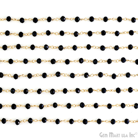 Black Chalcedony 3-3.5mm Faceted Beads Gold Wire Wrapped Rosary Chain