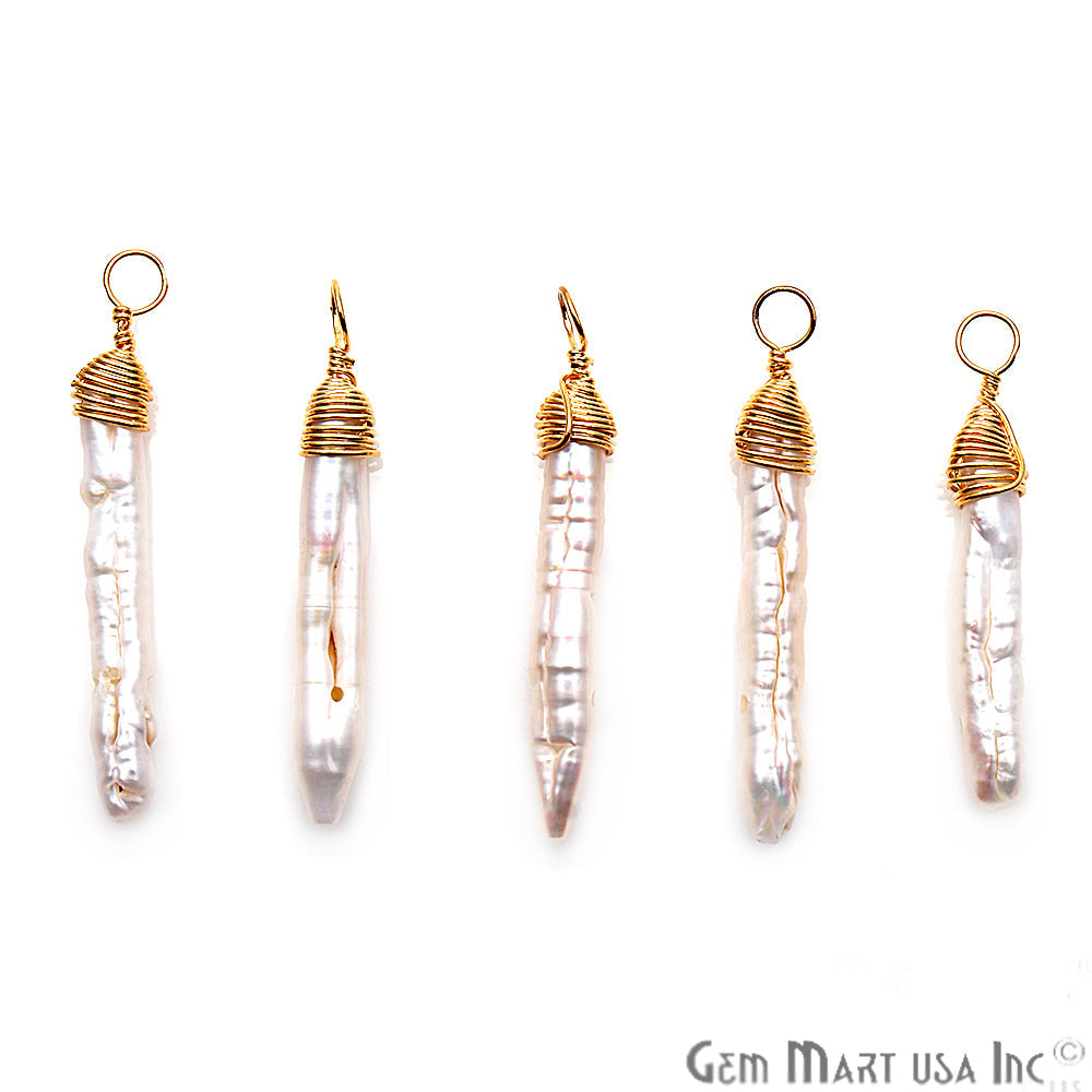 Freshwater Pearl Gold Plated Single Bail Wire Wrapped 31x5mm Gemstone Connector - GemMartUSA