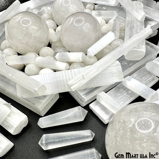 Selenite Crystals Pack, Bulk Selenite Wand and Sphere, 100% Natural Gemstones, Wholesale Resale Supply, Gift Set, 5pcs+, GemMartUSA