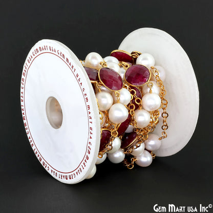 Ruby And Pearl Beads Gold Plated Round Shape Bezel Link Continuous Connector Chain