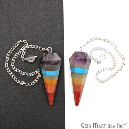 Seven Chakra Crystal Dowsing Pendulum - Natural Gemstone Pendant with Silver Chain