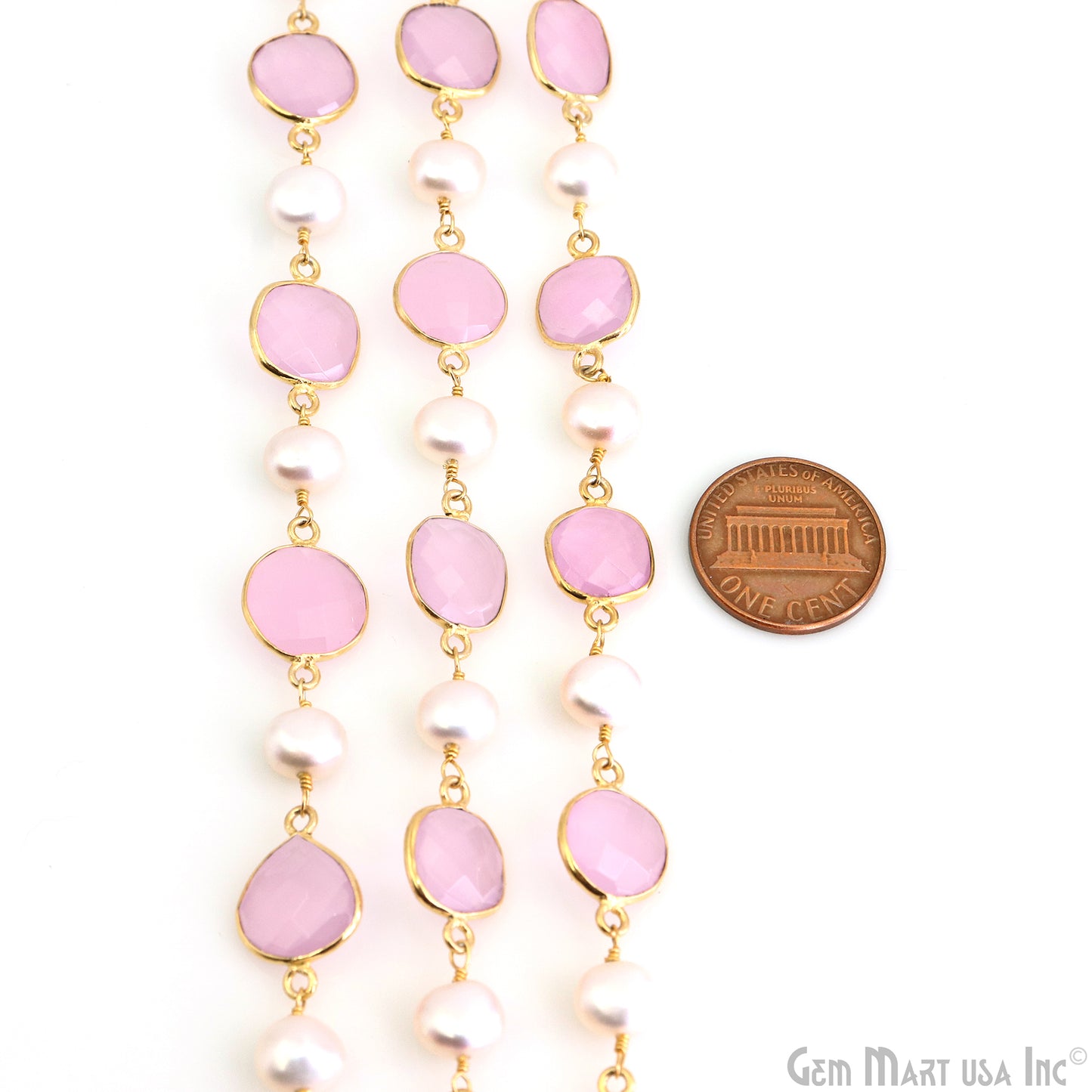 Rose Chalcedony & Pearl Gold Plated Bezel Link Continuous Connector Chain