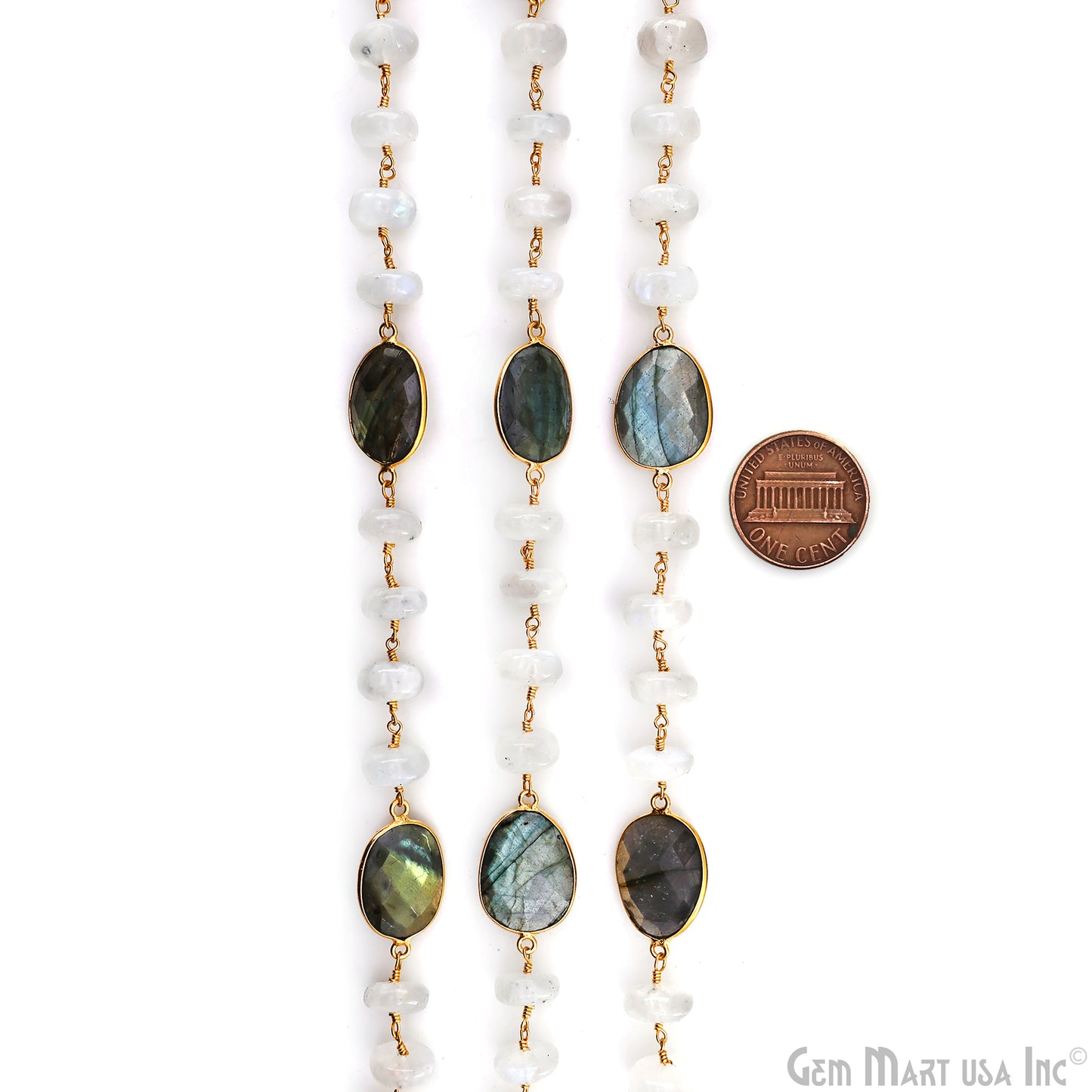 Rainbow Moonstone Beads & Labradorite Bezel Connector Gold Plated Rosary Chain