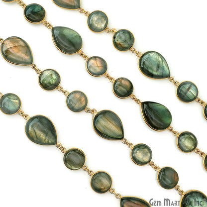 Labradorite Cabochon Round & Pears Shape Gold Plated Continuous Connector Chain