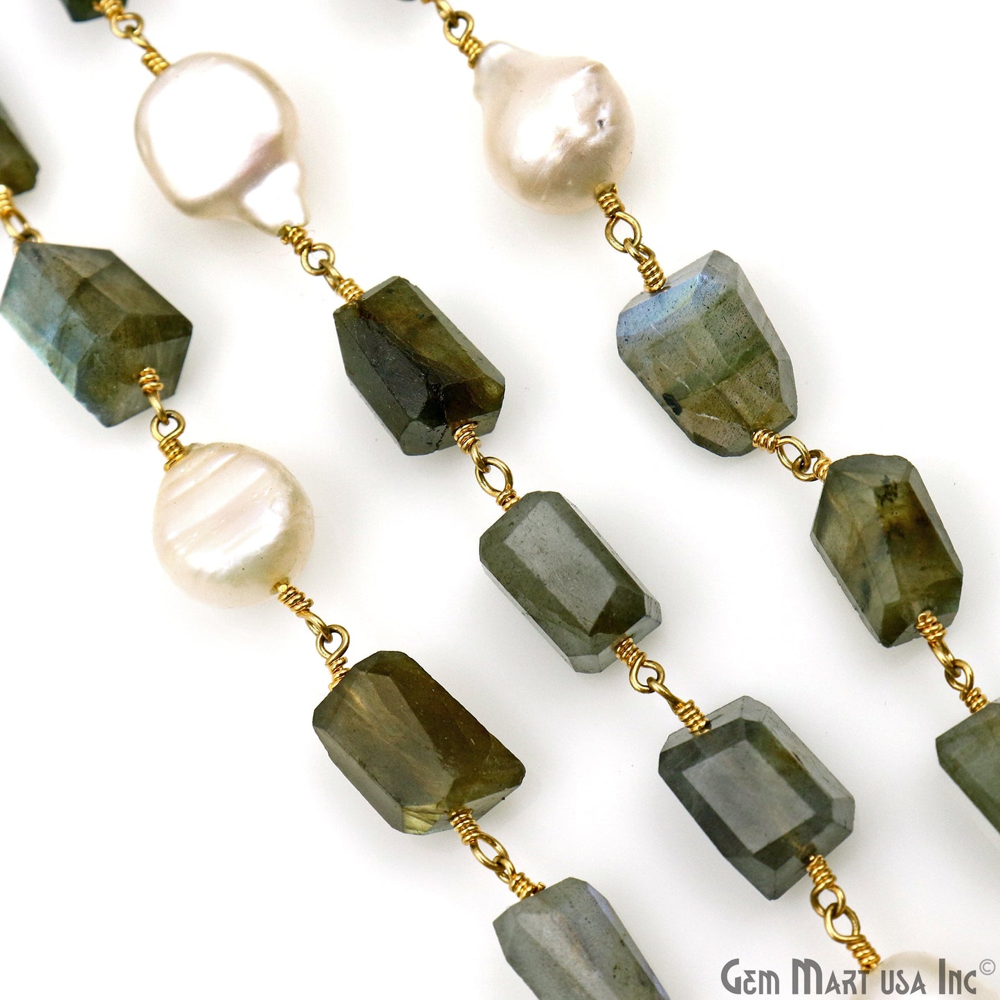 Labradorite With Freshwater Pearl Freeform Shape Gold Plated Wire Wrapped Beads Rosary Chain