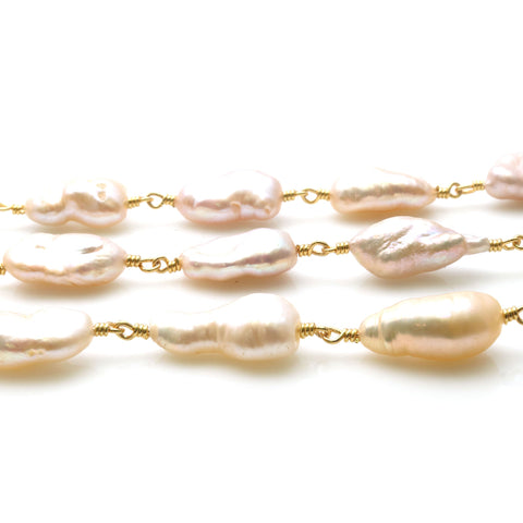 Pink Freshwater Pearl Free Form 18x8mm Gold Wire Wrapped Rosary Chain