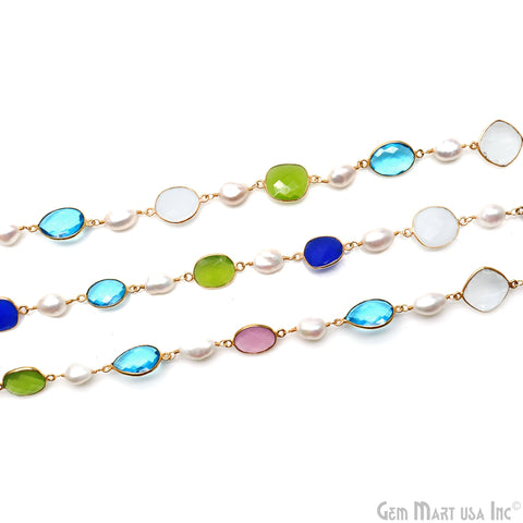 Multi Color Mix Shape Bezel & Freshwater Pearl Free Form 10-15mm Gold Bezel Connector Chain