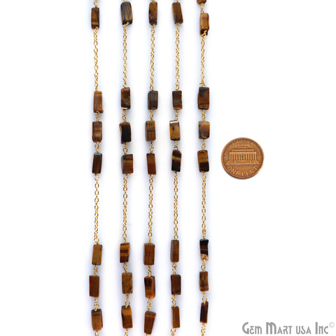Tiger Eye 9x4mm Rectangle Beads Gold Plated Catholic Rosary Chain