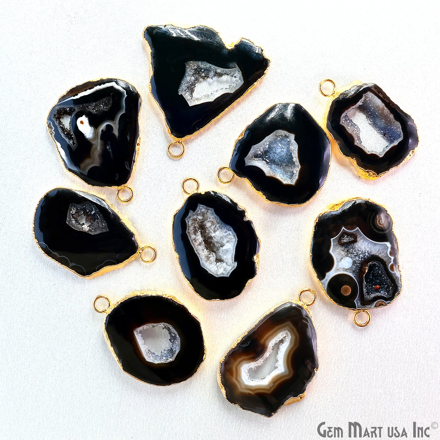 Black Agate Geode Druzy 1-2 Inch Single Bail Gold Electroplated Gemstone Connector