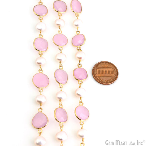 Rose Chalcedony & Freshwater Pearl Gold Plated Bezel Link Continuous Connector Chain