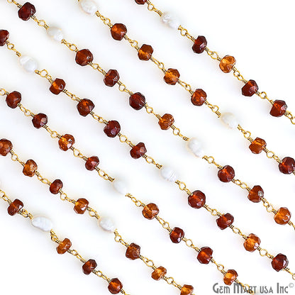 Hessonite 4-5mm & Pearl 5x4mm Beads Beads Gold Plated Rosary Chain