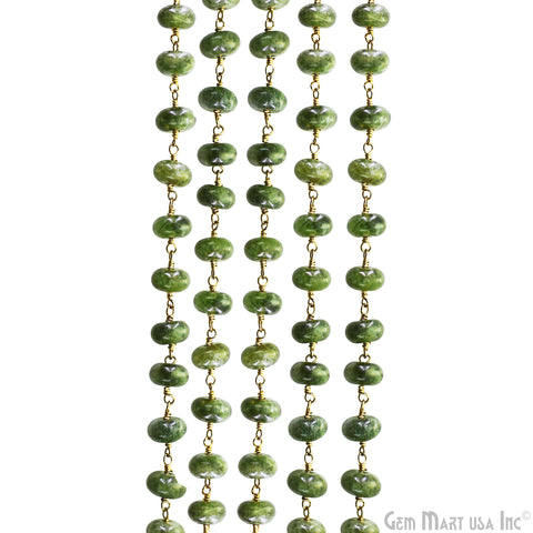 Green Jade Cabochon 8-9mm Gold Wire Wrapped Rosary Chain