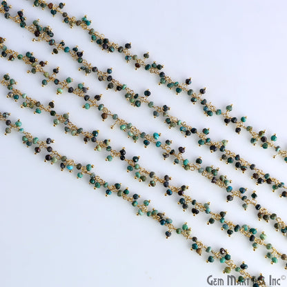 Chrysocolla Cluster dangle Gemstone Beaded Gold Wire Wrapped Rosary Chain