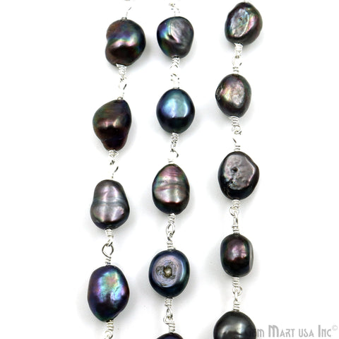Black Freshwater Pearl Free Form 8-9mm Silver Wire Wrapped Beads Rosary Chain