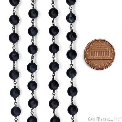 Black Tourmaline 8mm Cabochon Beads Oxidized Wire Wrapped Rosary Chain