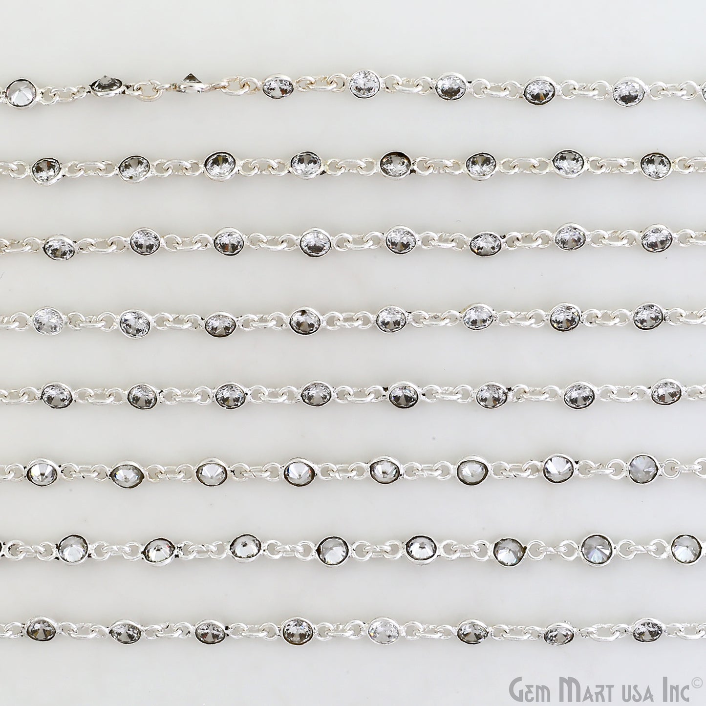 White Zircon 4mm Round Silver Bezel Continuous Connector Chain