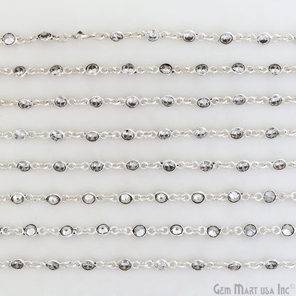 White Zircon 4mm Round Silver Bezel Continuous Connector Chain