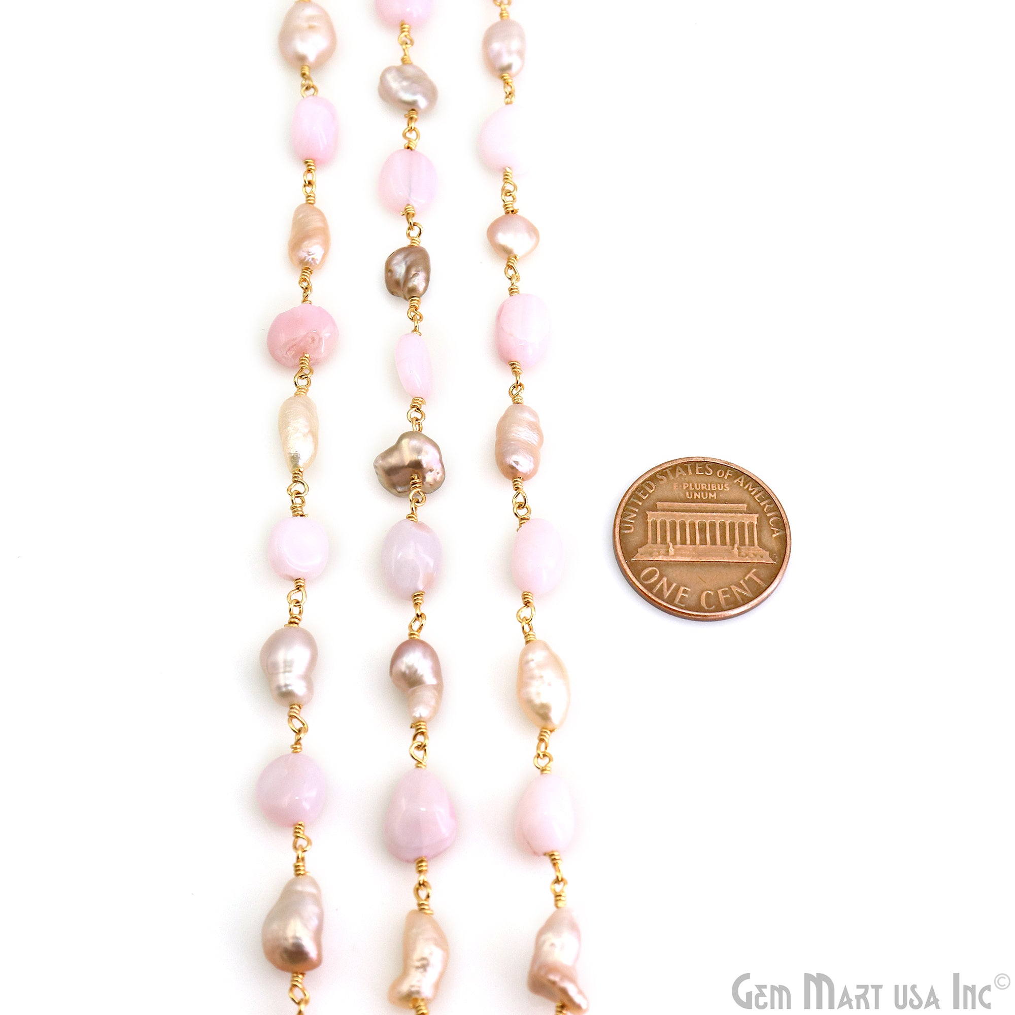 Pink Opal & Pink Pearl Tumbled Beads 10x6mm Gold Plated Wire Wrapped Rosary Chain