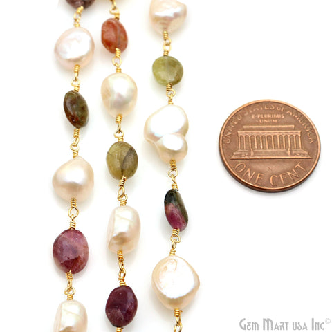Multi Tourmaline & Freshwater Pearl Rondelle Beads 10x6mm Gold Plated Wire Wrapped Rosary Chain