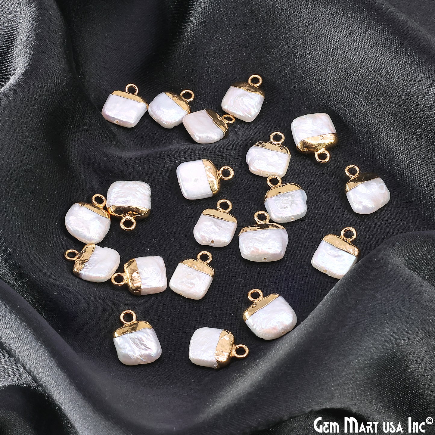 White Pearl Square Charm With Gold Electroplated Cap Single Bail Pendant