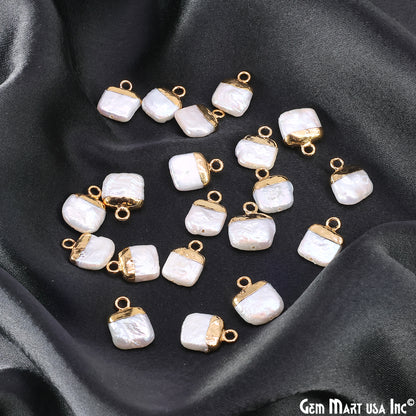 White Pearl Square Charm With Gold Electroplated Cap Single Bail Pendant