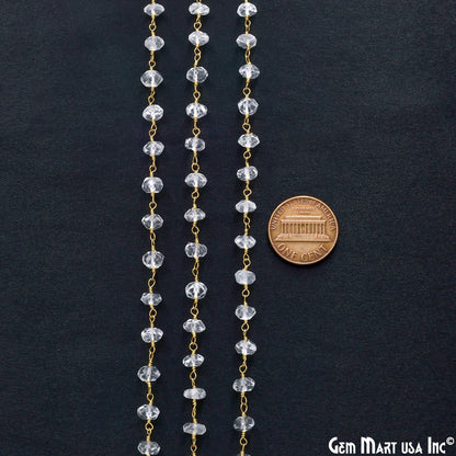 White Topaz Faceted 5-6mm Gold Wire Wrapped Beads Rosary Chain