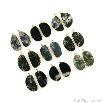 Moss Agate Free Form Gold Plated Single Bail Bezel Smooth Slab Slice Thick Gemstone Connector 28x16mm 1 Pair