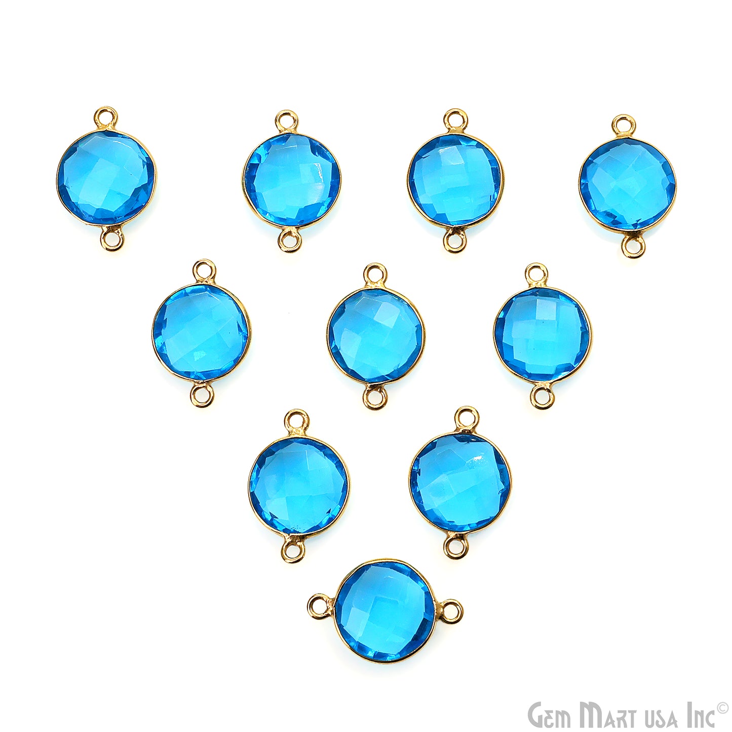 Blue Topaz Bezel Connector Round Shape 24K Gold Plated Double Bail Connector (HB-11523)