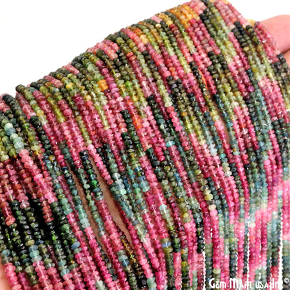 Multi Tourmaline Rondelle Beads, 13 Inch Gemstone Strands, Drilled Strung Nugget Beads, Faceted Round, 3-3.5mm