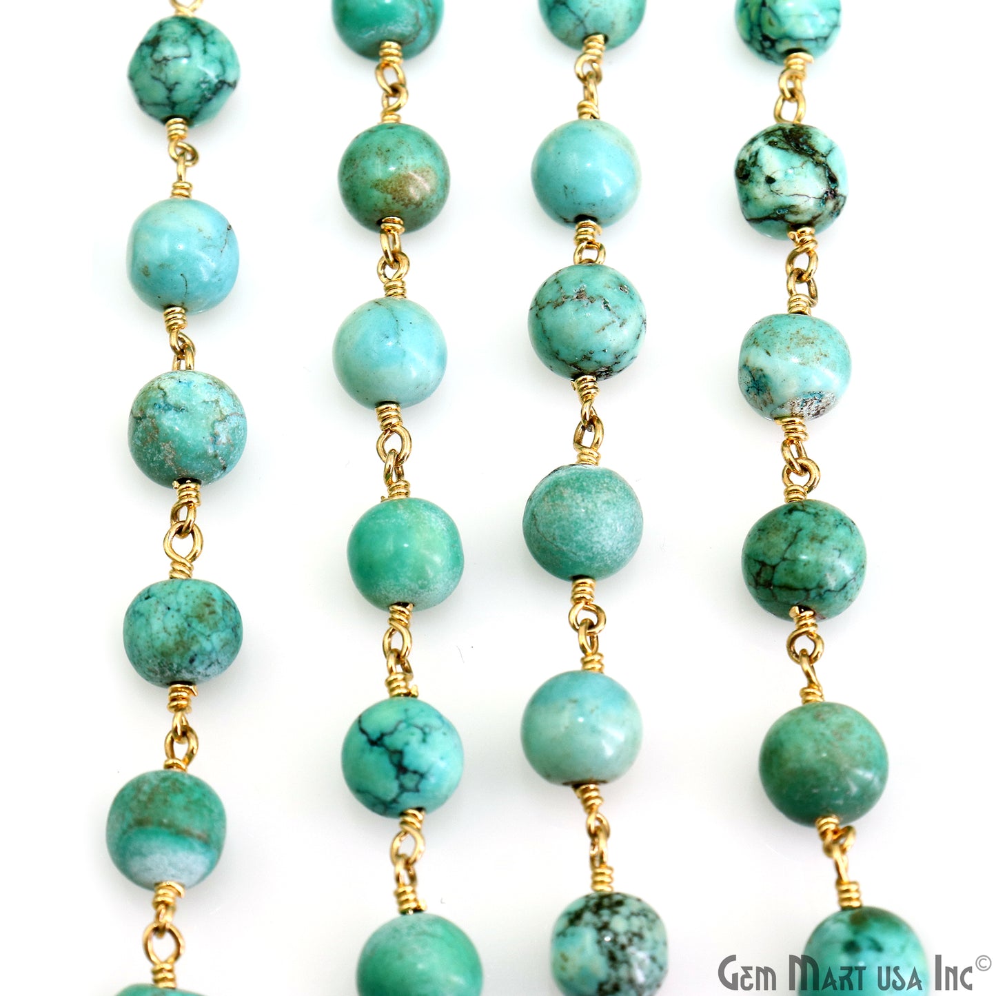 Turquoise Green Cabochon 6-7mm Gold Plated Wire Wrapped Rosary Chain