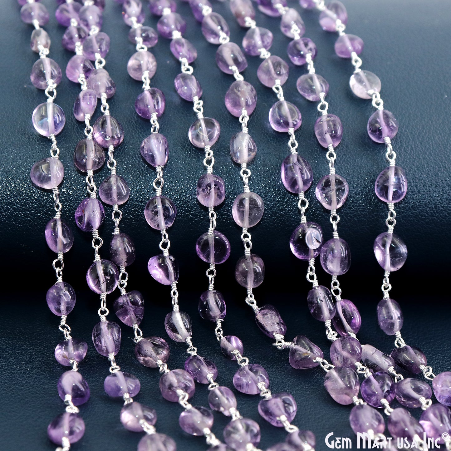 Amethyst Tumble Beads 8x5mm Silver Wire Wrapped Rosary Chain