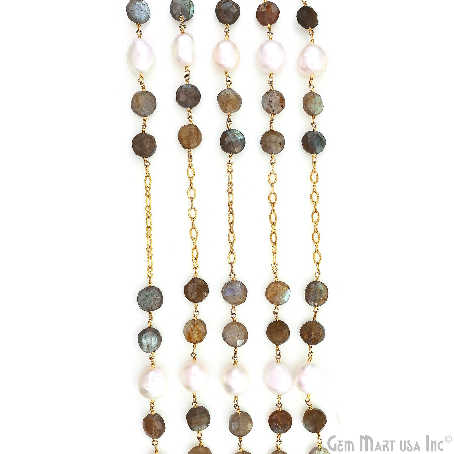 Labradorite Coin 10-11mm & Pearl 10-12mm Gold Plated Beads Rosary Chain