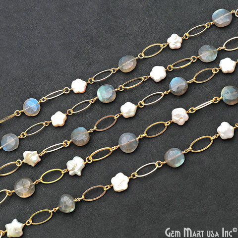 Labradorite & Freshwater Pearl With Gold Oval Finding Rosary Chain