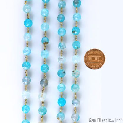 Sky Blue Banded Agate Jade Faceted Beads 10mm Gold Wire Wrapped Rosary Chain