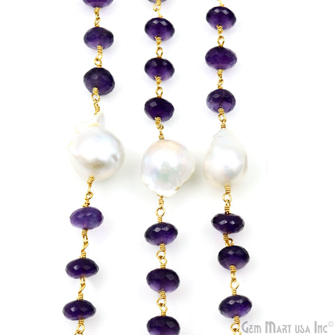 Amethyst 8-9mm & Freshwater Pearl 17x12mm Beads Gold Plated Rosary Chain