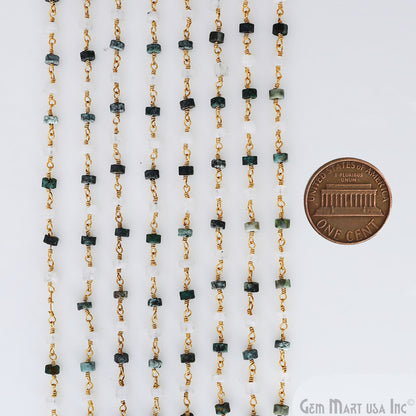 Moonstone & Chrysocolla Tyre Shape 4-5mm Beads Gold Plated Gemstone Beaded Wire Wrapped Rosary Chain