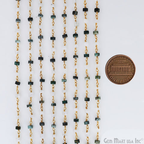 Moonstone & Chrysocolla Tyre Shape 4-5mm Beads Gold Plated Gemstone Beaded Wire Wrapped Rosary Chain