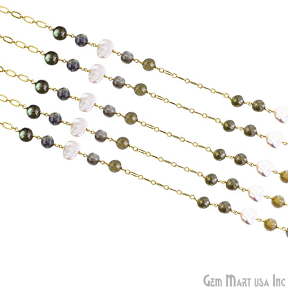 Labradorite & Pearl Round Beads Gold Plated Finding Rosary Chain