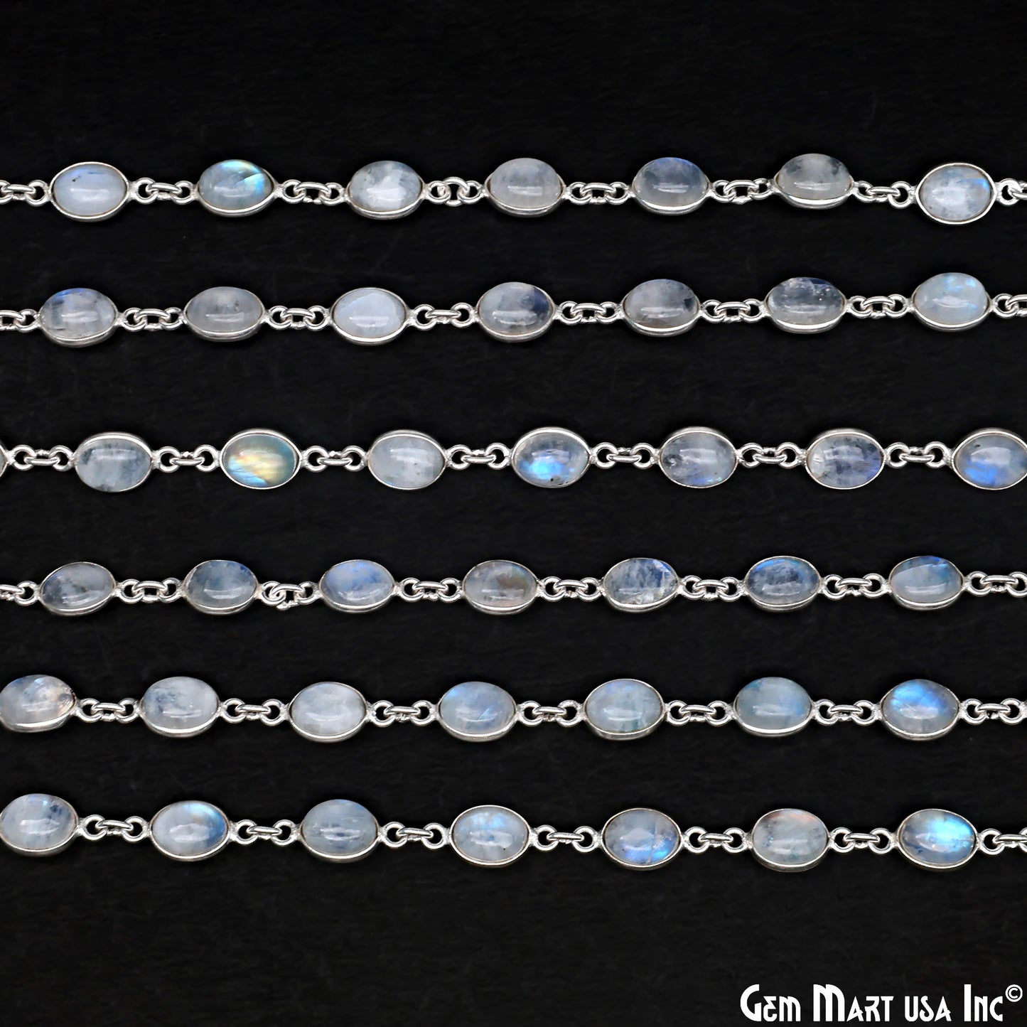 Rainbow Moonstone 6x8mm Oval Silver Bezel Cabochon Continuous Connector Chain