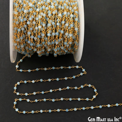 Aquamarine 3mm Gold Plated Wire Wrapped Gemstone Beads Rosary Chain