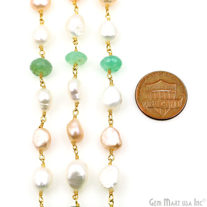 Chrysoprase & Freshwater Pearl Faceted Beads Gold Plated Wire Wrapped Rosary Chain