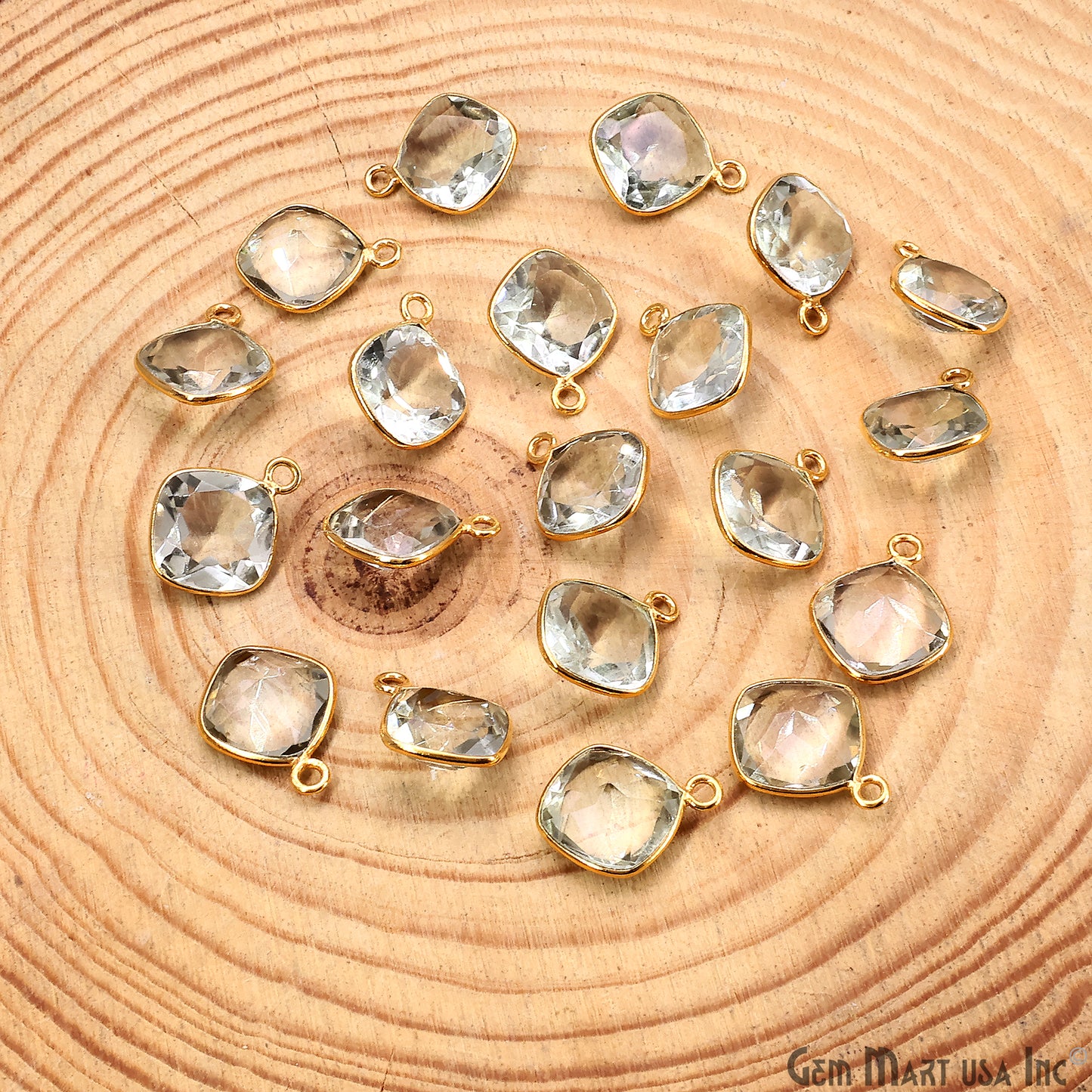 Green Amethyst 10mm Cushion Brilliant Cut Gold Plated Bezel Single Bail Connector