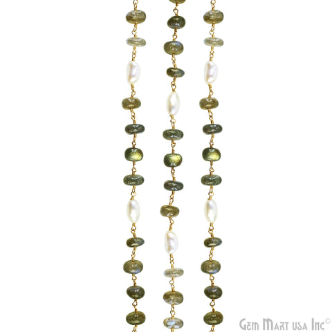 Labradorite Cabochon With Pearl Gold Wire Wrapped Rosary Chain